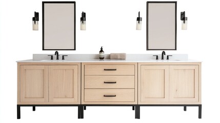 Modern Bathroom Vanity with Dual Sinks and Elegant Lighting Fixtures