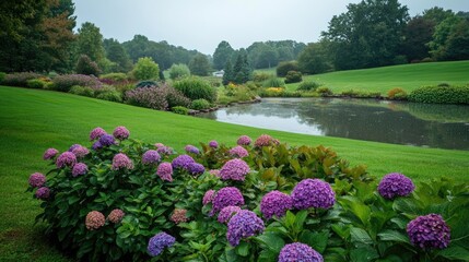 Tranquil Garden Scene with Blooming Hydrangeas and Serene Pond