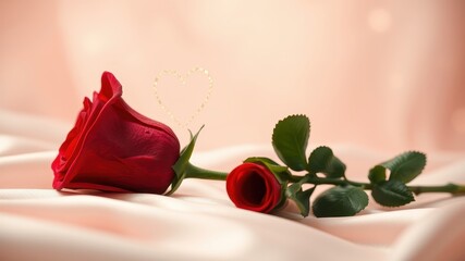 A single red rose with a delicate heart-shaped outline rests gracefully on a soft peach-colored silk surface, a symbol of love and beauty.