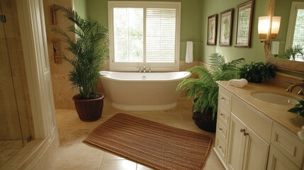 Cozy and Elegant Bathroom with Bathtub and Indoor Plants Decor