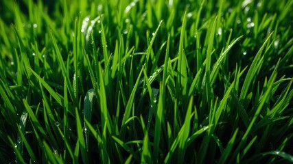 Obraz premium A close-up of vibrant green grass blades glistening with morning dew, showcasing nature's simple beauty