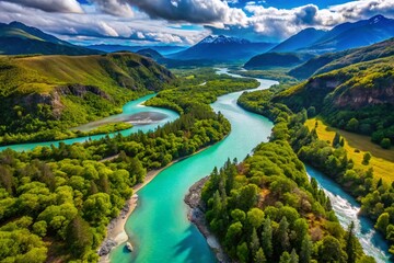 Obraz premium Torres del Paine River, Forest, Aerial View, Chile