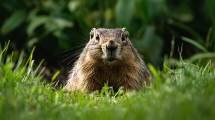 A close-up of a curious groundhog peering through grass in a natural setting.