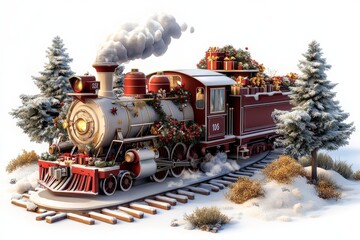 Festive steam engine adorned with holiday decorations travels through a snowy forest landscape