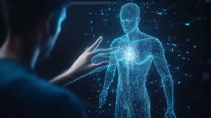  A Man Covers an Abstract Icon of the Vitruvian Man with His Hand