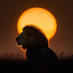 Naklejka premium a lion in the grass with a sunset background