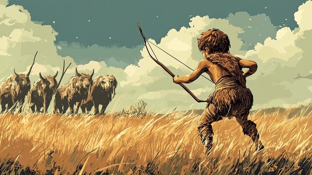 Young Caveboy Aims Bow At Herd Of Prehistoric Beasts