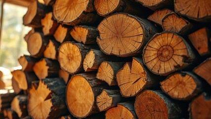 Fototapeta premium A Stack of Perfectly Aligned Wooden Rounds, Revealing the Intricate Grain Patterns and Natural Beauty of Wood