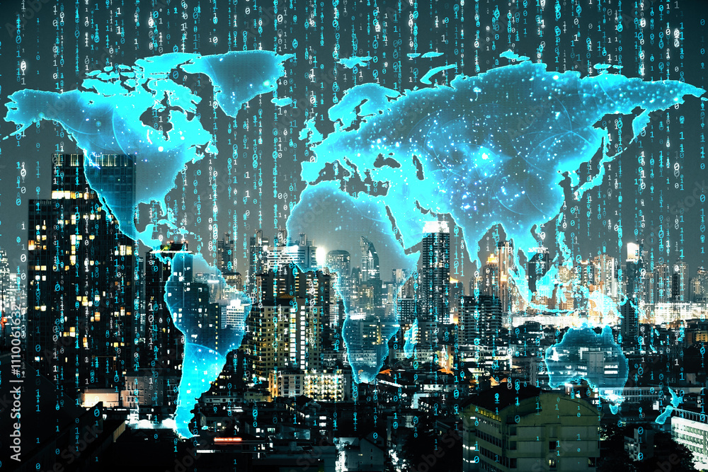 Aufkleber digital world map overlay with binary codes on urban night city skyline background.