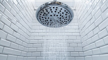 Obraz premium Modern Shower Head with Water Flowing in Bright Bathroom Setting