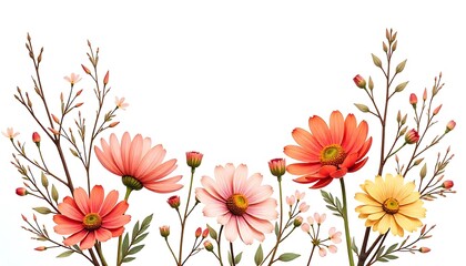 Watercolor flower, leaf and branch set on white background