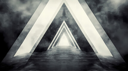 Monochrome majesty: a minimalist artwork featuring sharp-edged gray, white, and black triangles creates a sense of grandeur and explores the liberation themes of sacred geometry. Sacred. Illustration
