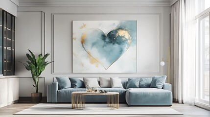 Abstract heart canvas wall with watercolor splashes, soft pastels and gold accents, modern and romantic 