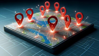 3d map with red location pins and network lines illustrating gis mapping and spatial data connections.