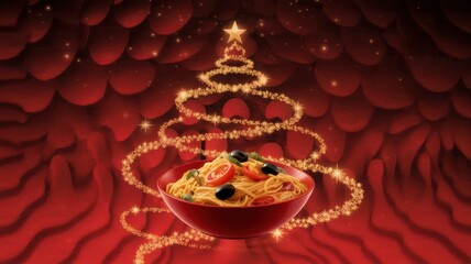 Obraz premium Pasta Bowl Shaped as Christmas Tree with Garland and Berries