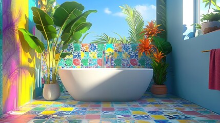 Vibrant and Colorful Bathroom with Tropical Plants and Bathtub