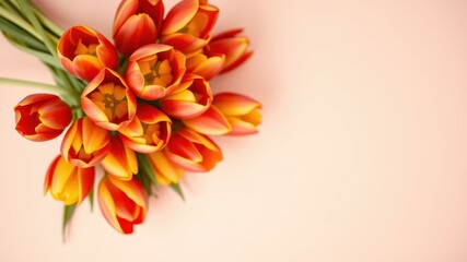 Obraz premium A vibrant bouquet of orange and yellow tulips arranged on a soft pink background, creating a delicate and cheerful display