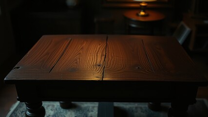 A weathered wooden table top with a natural wood grain pattern and a soft, warm glow reflecting off the surface.