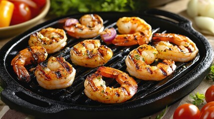 Grilled Shrimp on a Cast Iron Grill with Fresh Vegetables Nearby