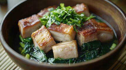 Deliciously Cooked Pork Belly with Fresh Greens in a Bowl