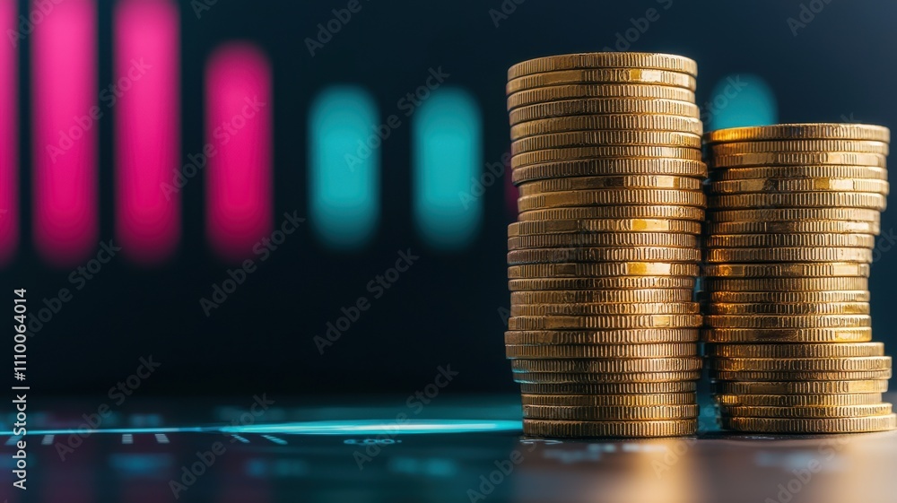 Poster businessman analyzing financial data coins table concept. stacks of coins with colorful financial gr