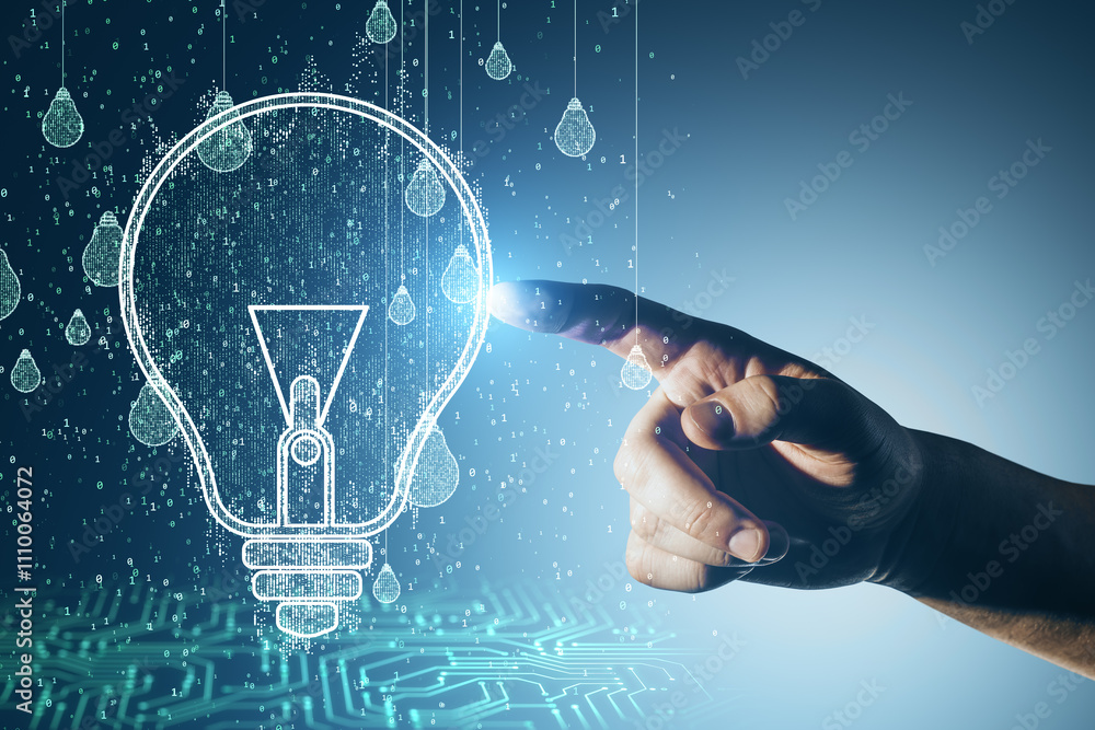 Poster futuristic hand touching digital light bulb symbolizing innovation and ideas in a technology-driven 