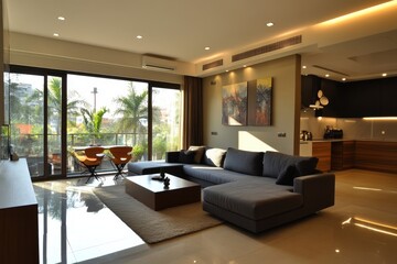 Fototapeta premium Modern living room with large windows, stylish sectional sofa, and sleek coffee table. Perfect for showcasing interior design, luxury real estate, or home decor.