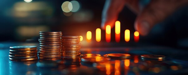 businessman analyzing financial data coins table concept. Stacks of coins with a hand adjusting a glowing financial chart in the background.
