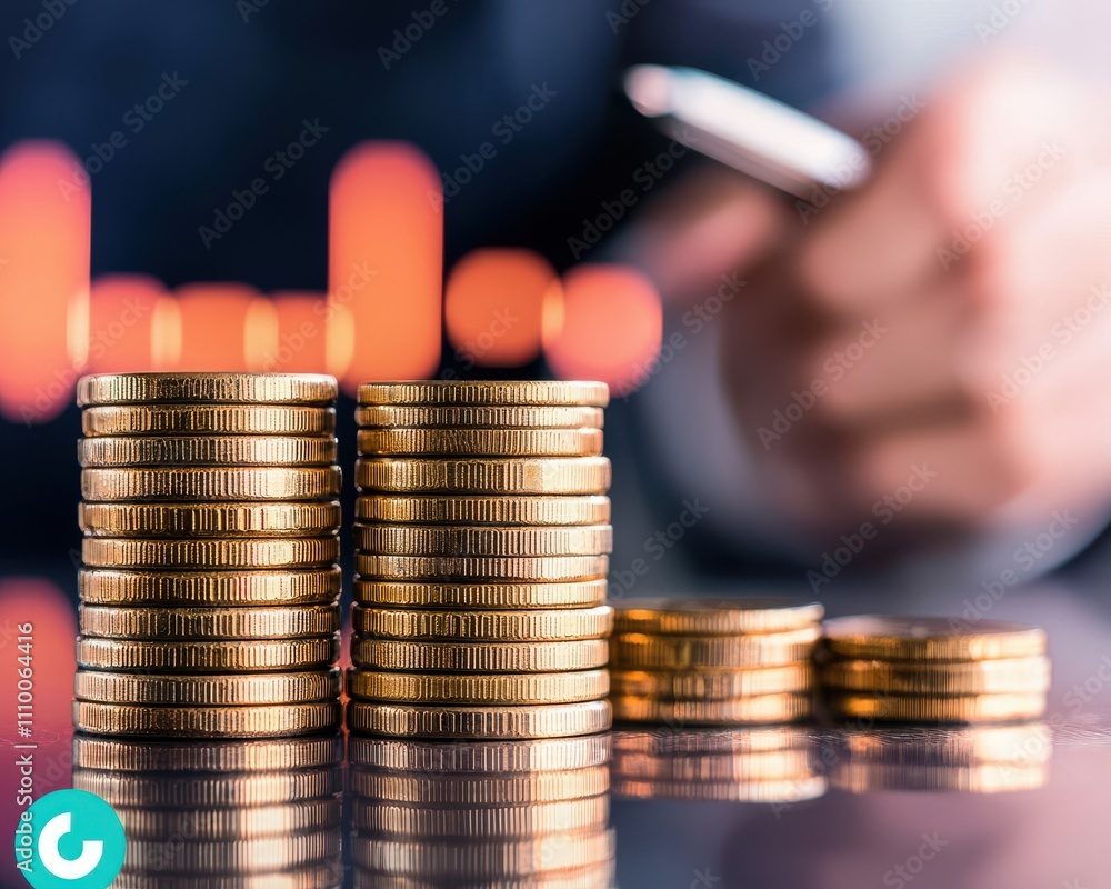 Poster businessman analyzing financial data coins table concept. stacks of coins with a blurred background 