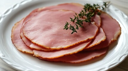 Sliced Ham on White Plate with Fresh Thyme Garnish
