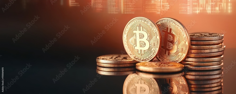 Aufkleber businessman analyzing financial data coins table concept. shiny bitcoin coins stacked with a reflect