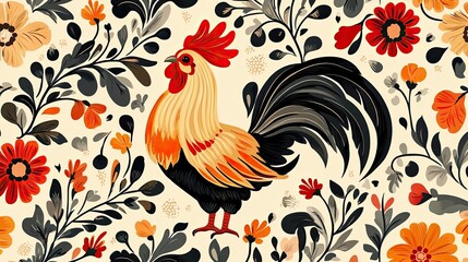 Obraz premium A Vibrant Rooster Amidst A Floral Design
