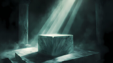 Ethereal marble pedestal illuminated by beams of light in a mystical, dark setting, evoking a sense of mystery and otherworldly ambiance. Sacred. Illustration
