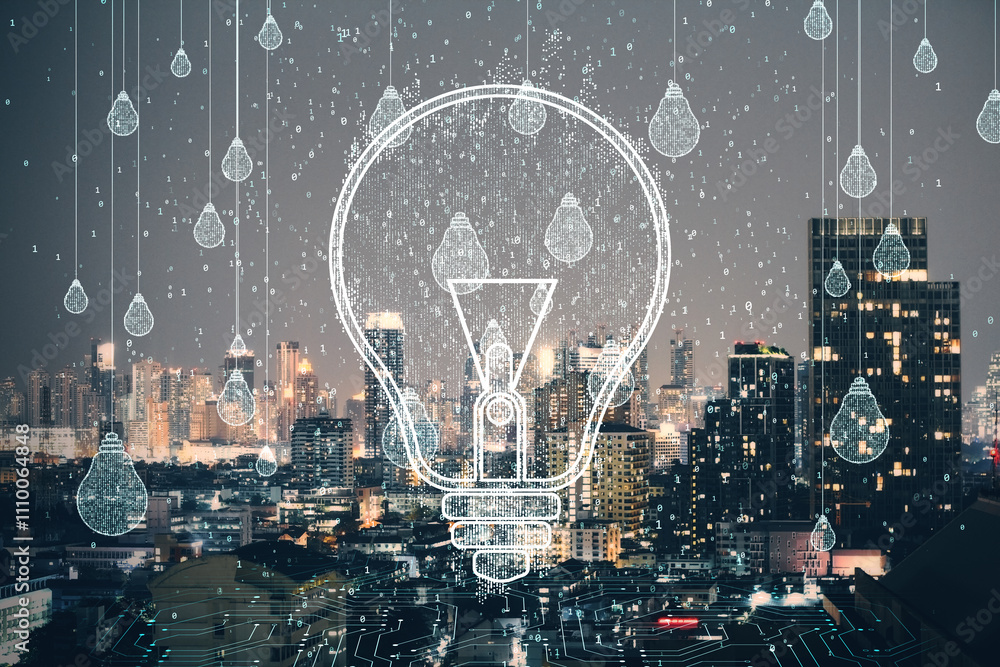 Aufkleber lightbulb outline and binary code overlaying urban cityscape at night.