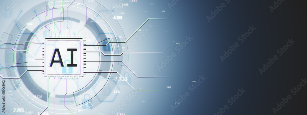 Poster Abstract AI symbol with futuristic circuit design and blue gradient background. 3D Rendering