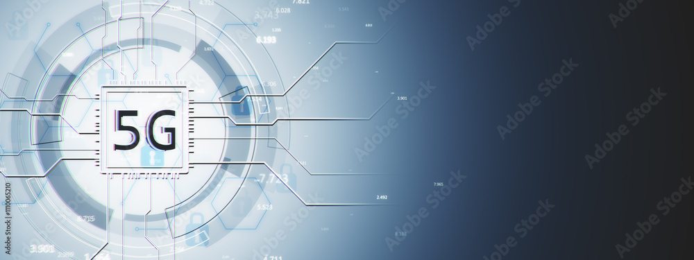 Fototapete 5G connection symbol with futuristic circuit design on gradient blue background. Modern technology concept with empty space for text. 3D Rendering
