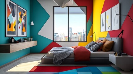 Modern Bedroom Design With Geometric Walls And City Views