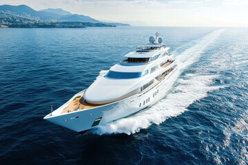 Luxury yacht cruising on calm ocean. Ideal for travel, luxury, and wealth themes.
