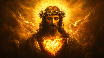 Golden sacred heart of jesus christ adorned with thorns and flames enclosed in a halo of divine light and glory. Sacred. Illustration