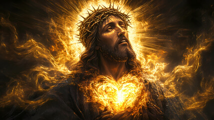 Golden sacred heart of jesus christ adorned with thorns and flames enclosed in a halo of divine light and glory. Sacred. Illustration