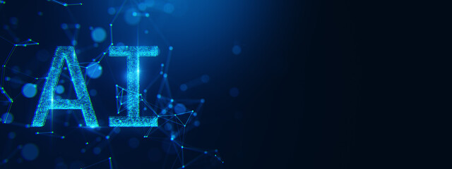AI digital text with glowing blue particles and network connections on dark background. Modern technology and innovation concept. 3D Rendering © Who is Danny