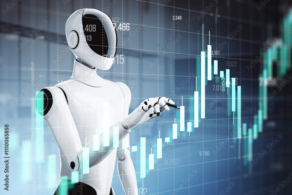 Aufkleber futuristic robot analyzing stock market trend with data charts on digital background. 3d rendering
