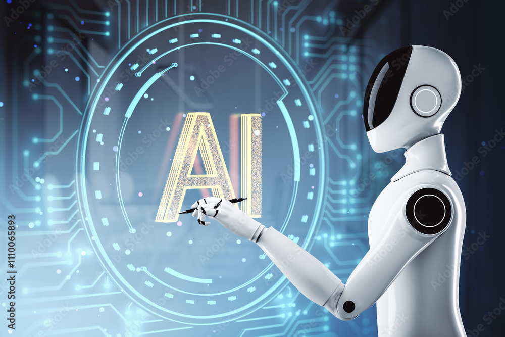 Poster Humanoid robot interacting with glowing AI text surrounded by futuristic circuits on a blue digital background. 3D Rendering