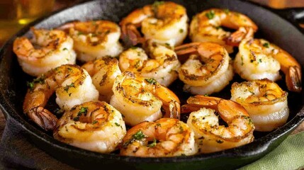 Juicy Grilled Shrimp on Cast Iron Skillet with Herbs and Spices