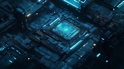 Obraz premium Abstract AI Polygonal Chip with Circuit Elements on Dark Blue Background