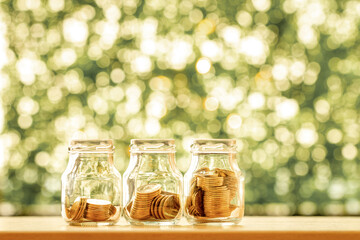 Bottle with gold coin put inside put on the wood on sunlight in the public park,  Loan or a saving money for business investment in the future concept.