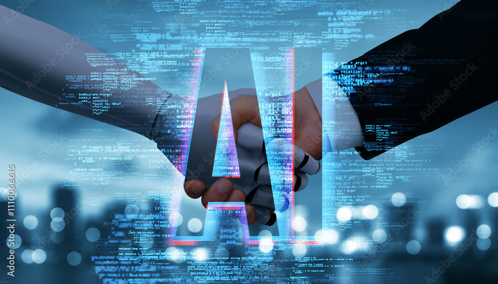 Poster Handshake between human and robot with AI text overlay on digital background.