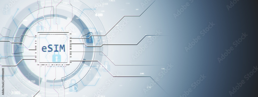 Poster esim technology concept with futuristic circuit design and digital elements on blue and grey backgro