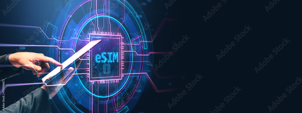 Poster Futuristic eSIM concept with a tablet and neon microchip interface on digital background.