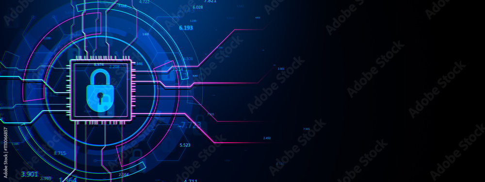 Poster Cybersecurity lock icon with digital circuit design on blue background. 3D Rendering
